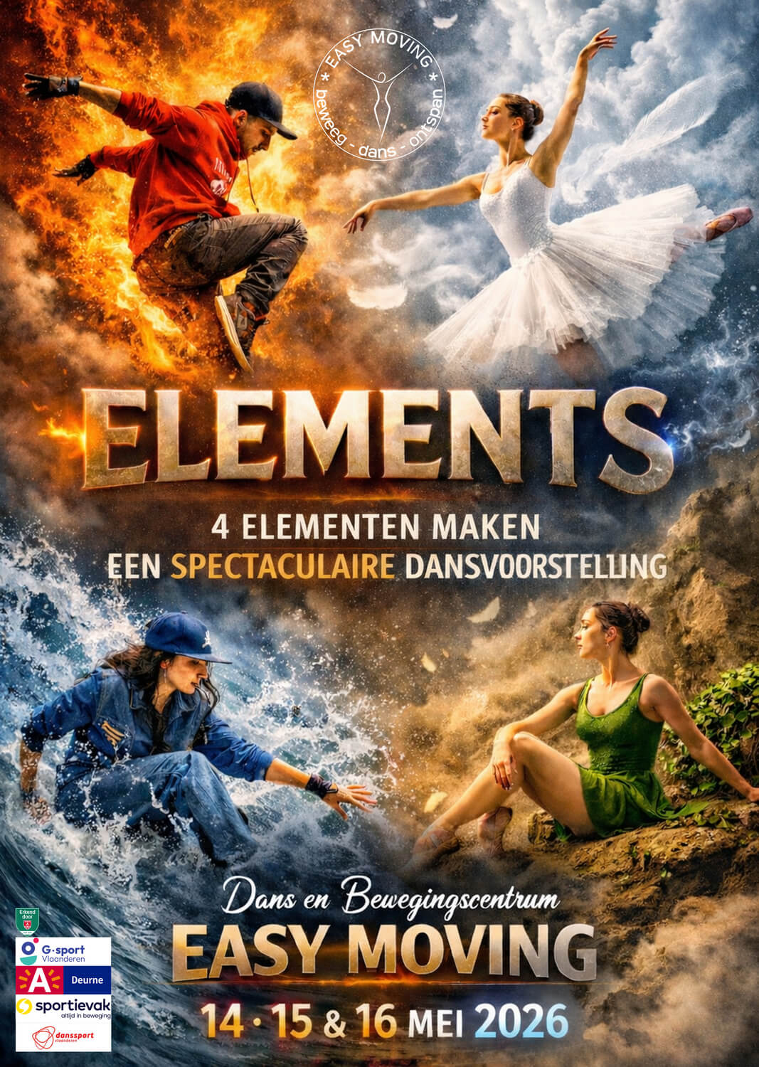 Dansers van Easy Moving in het licht op het podium tijdens de productie Elements