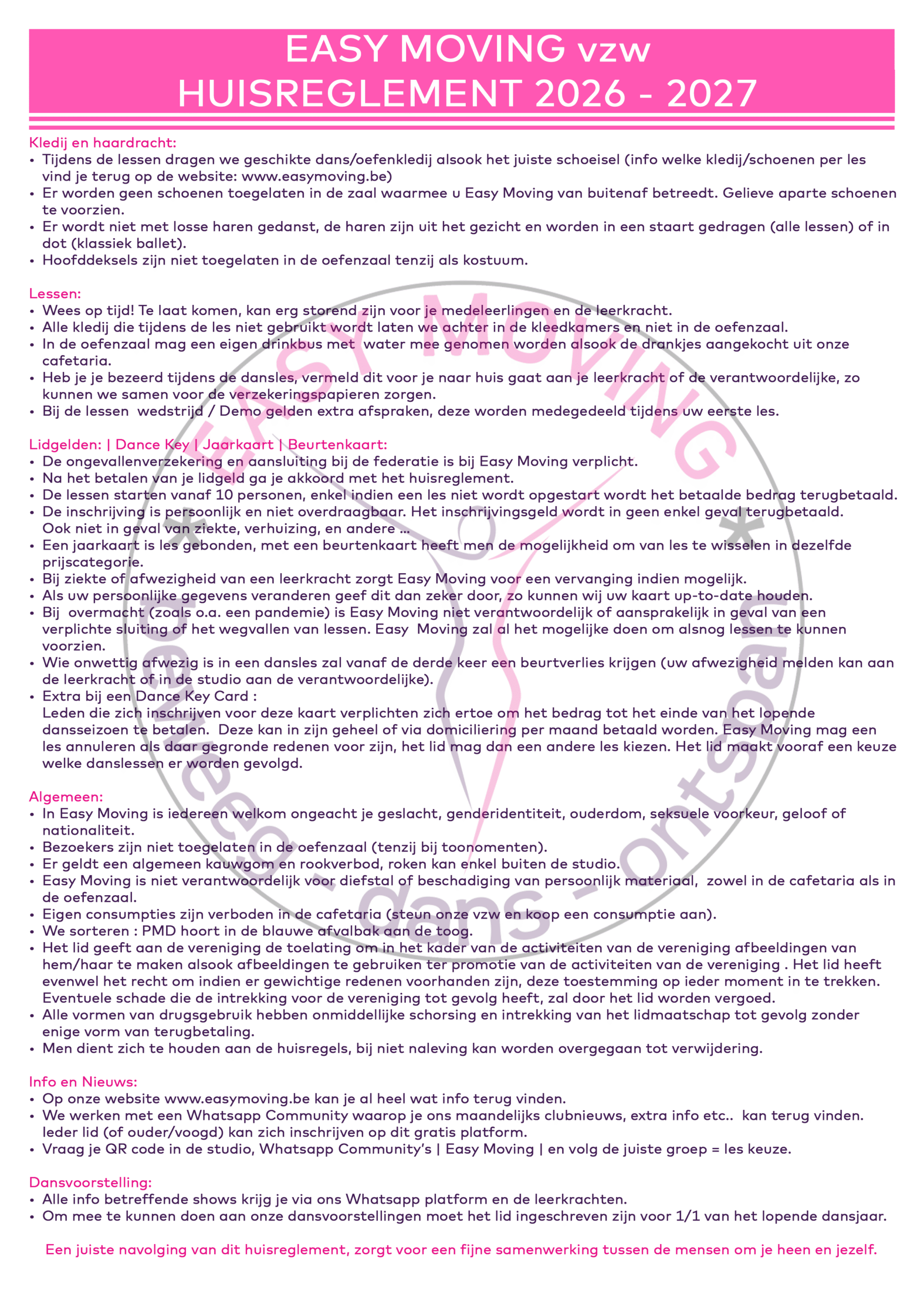 Het huisreglement 2026–2027 van Easy Moving zoals het in de studio hangt